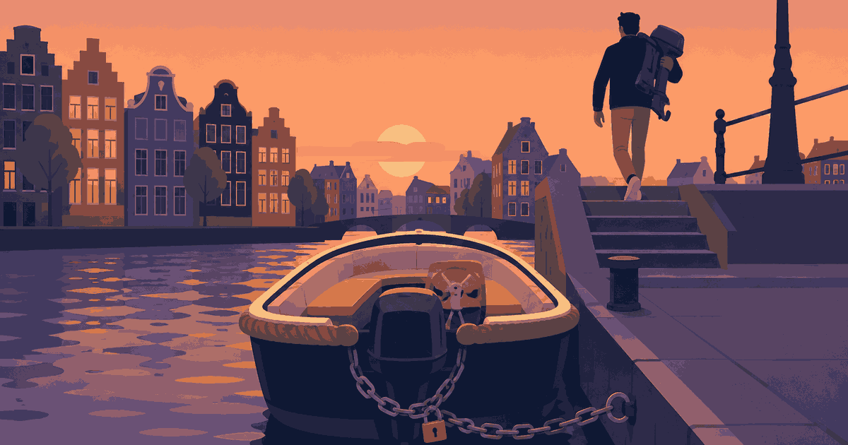 An outboard chained and padlocked to a boat transom at dusk