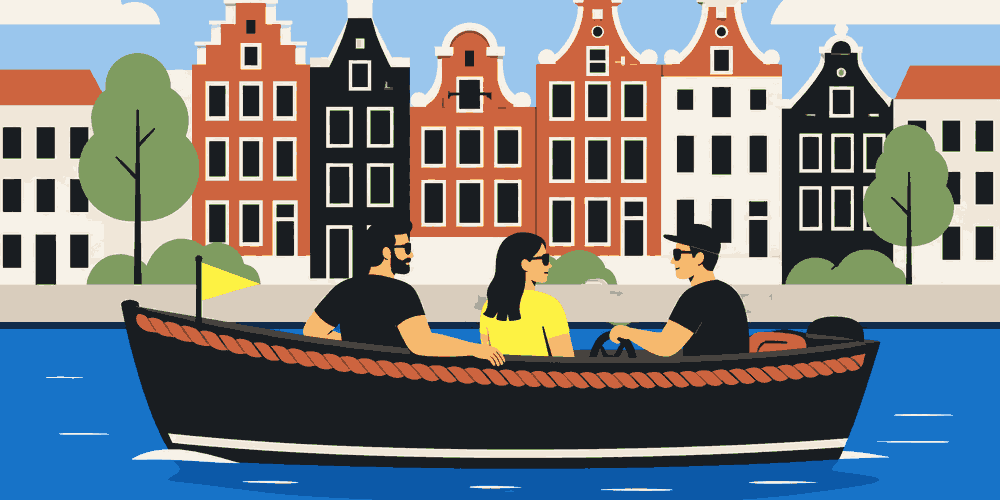 Three people setting off together in an open boat on an Amsterdam canal.